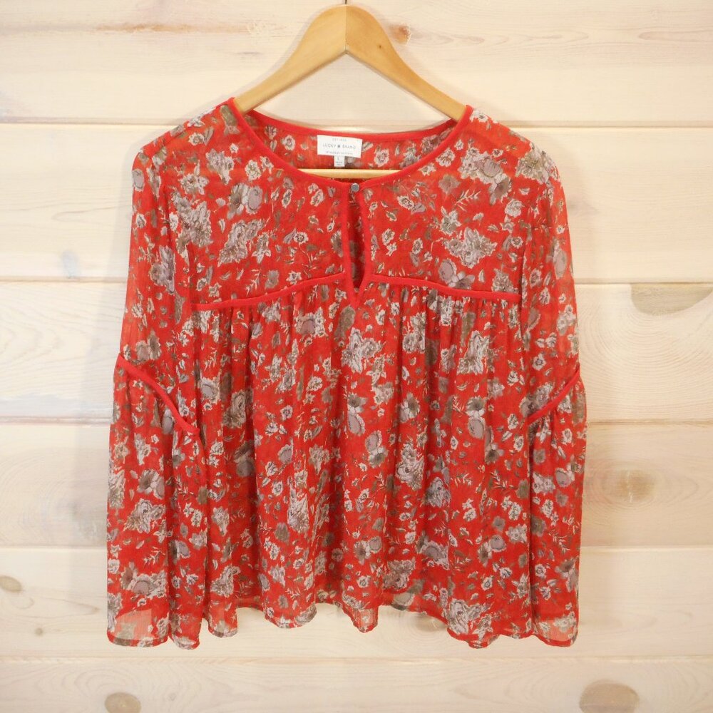 Lucky Brand Womens L Peasant Top Sheer Orange Gray Floral Bell Sleeve Boho Shirt